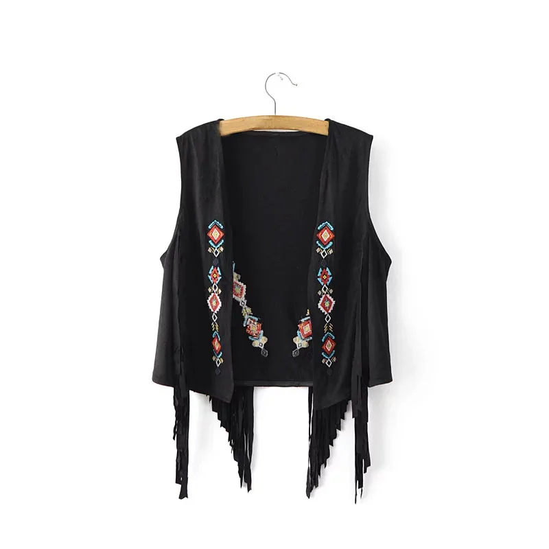 Women Suede Sleeveless Vest Summer Embroidery Waistcoat Fringe Vests Ladies Floral Jacket