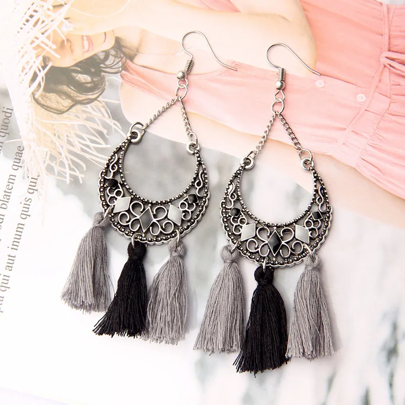 Серебряные серьги с кисточками богемные бусины драгоценным камнем эффектные