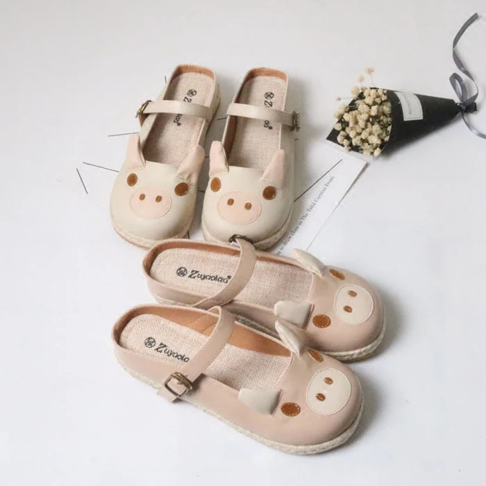 

Japanese Summer New Small fresh shoes Cute Pig Pig Shallow mouth shoes Buckle Flat Sandals Women's Baotou