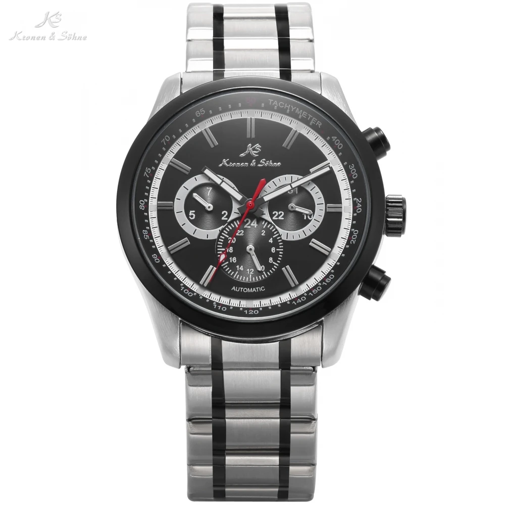 

KS Luxury Automatic Self-Wind Date Day 24 Hours Black 3 Dial Steel Strap Mechanical Wrist Watches Mens Gents Timepieces / KS307