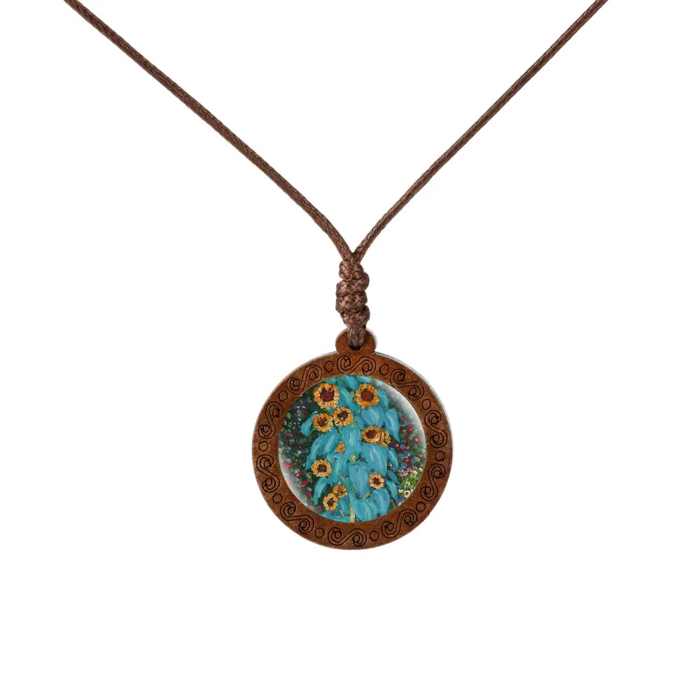 

The Starry Night Pendant Van Gogh Necklace Glass Art Painting Wood Pendants Jewelry Moon and Stars Necklaces