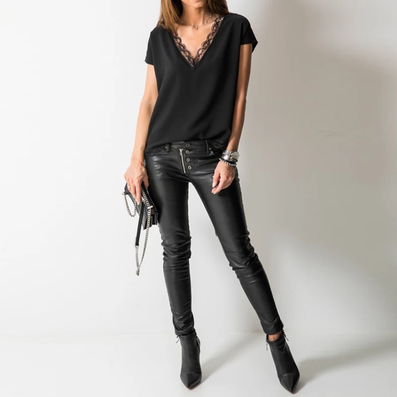Sexy V-Neck Short Sleeve Tops For Woman Lace Patchwork Casual Shirt Women's Clothes Black Shirt Womens Blouses Summer Blusa