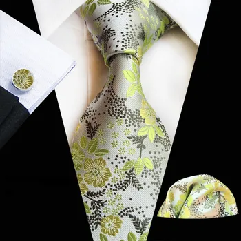 

New Classic Checks Dark Blue Floral Light Green JACQUARD WOVEN 100% Silk Men's Tie Necktie Handkerchief Cufflinks Set