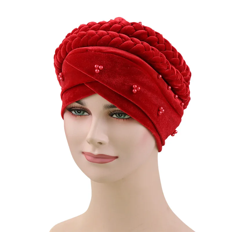 velvet beads head hijab caps turban indian hair bands for women muslim headbands headscarf hats braid Bandanas girls - Цвет: red