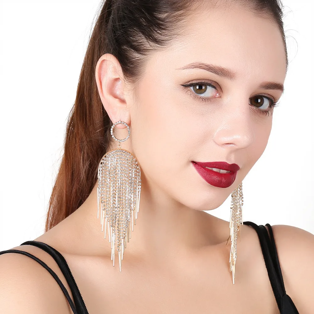 Bohemia Asymmetric Earrings Full Mosaic Rhinestone Tassel Pendant