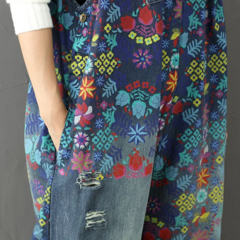 Джинсовые комбинезоны с широкими штанинами Женские винтажные джинсовые комбинезоны с цветочным принтом женские джинсовые комбинезоны большого размера с заниженным шаговым швом