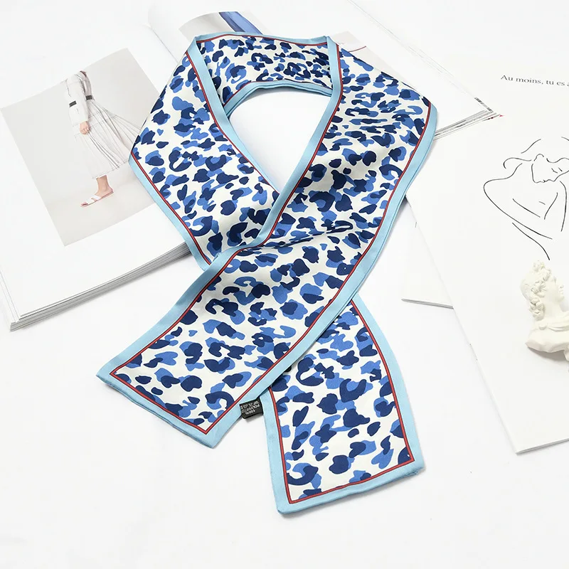 Клевер роскошный шарф для волос 9,5x98 см тонкий шарф шелковый галстук на голову винтажный женский атласный элегантный Леопардовый весенне-осенний - Цвет: 115 Leopard Blue