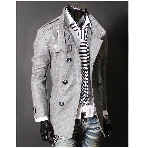 Para Marca Color Pie Casual Negocios dark Abrigo Doble Lana De Sólido Gray Cuello 2018 Rompevientos Mezcla Chaqueta Grey Epaulet Hombre Black Botonadura Invierno light Cwpq5