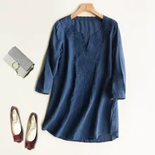 Women’s 2017 summer linen blouse shirt with embroidery and 3/4 sleeve