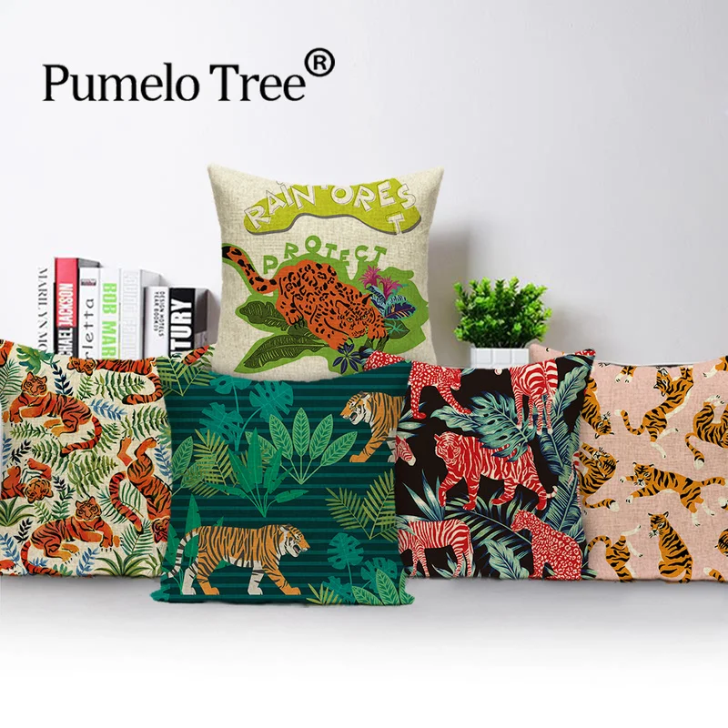 

Tiger Animal Pillow Cover Green Decorative Cushions Sofa 45*45 Jungle Pillows Home Decor Custom Linen Cushion Cover Car Case