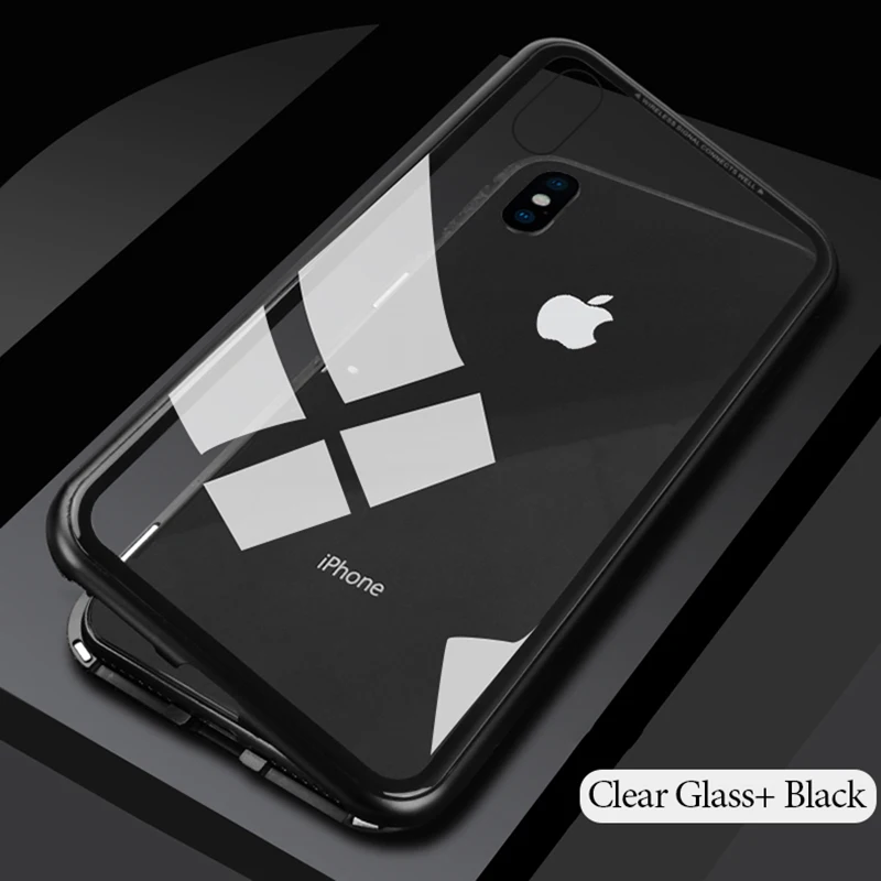 360 магнитный чехол для iPhone XR XS Max X 9 8 7 6 6S Plus, чехол из закаленного стекла, Магнитный чехол для iPhone XS 8 7, бампер для телефона - Цвет: Clear Black