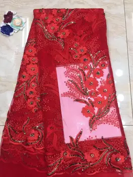 

fashion sequins French Lace Fabric Wedding 3D Flower red Dress sequins Nigerian Tulle Lace Fabrics FF5-11