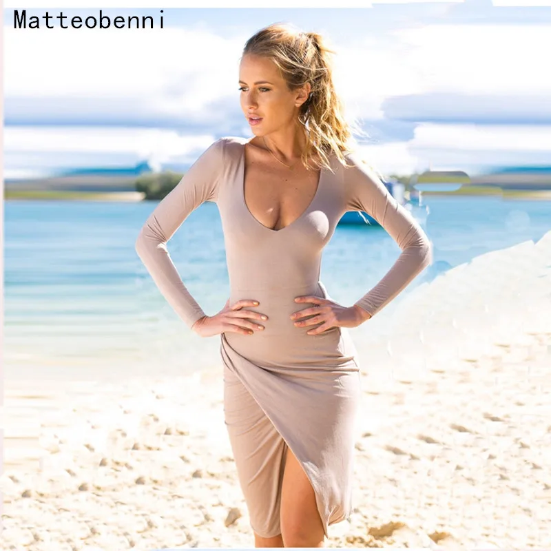 Goedkoop Herfst Mode V hals Lange Mouwen Elegant Pencil Dress Vrouwen Sexy Club Cocktail Party Bodycon Bandage Jurk Werk Midi Jurk