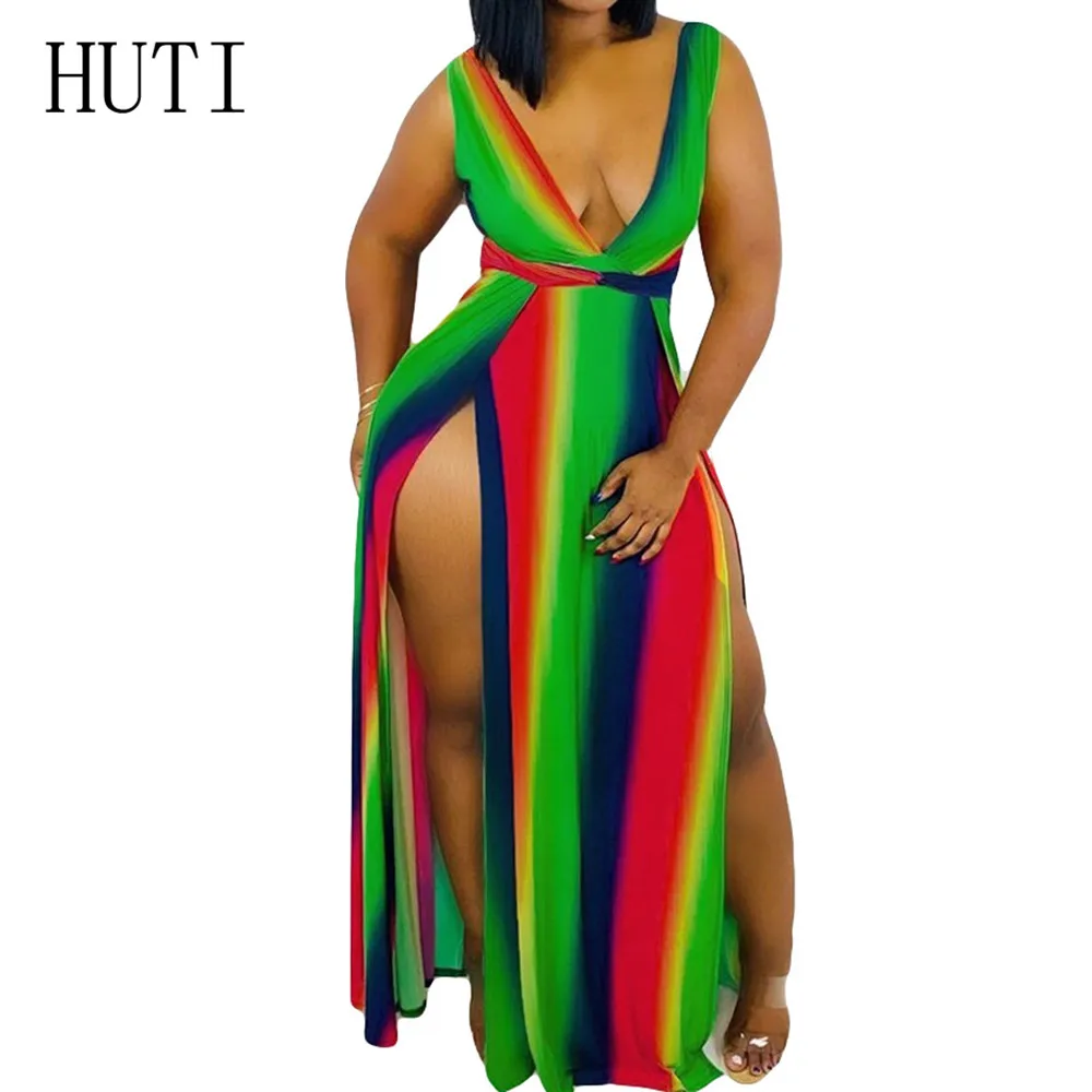 

HUTI Sexy Deep V Neck Rainbow Printed Striped Maxi Dress Women Elegant Summer High Split Vintage Long Dress Vestidos Robe Femme
