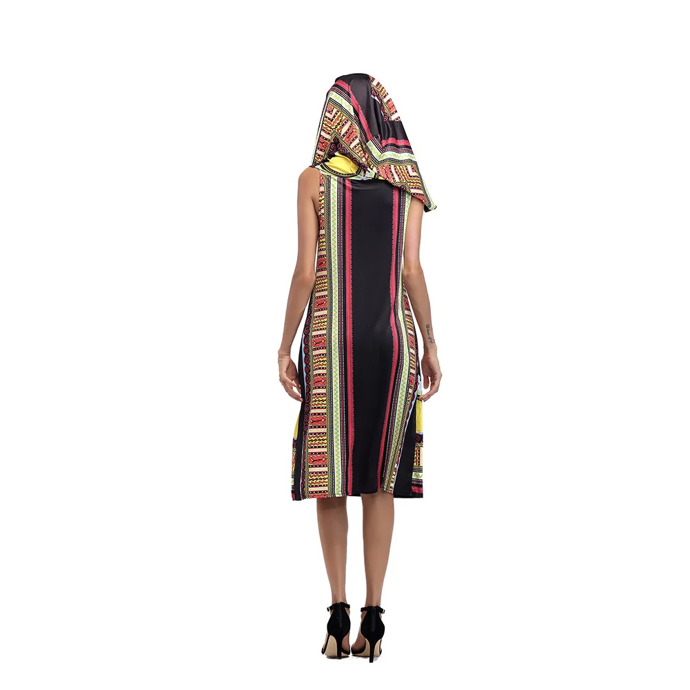 2018 Women Dress Suits Printed Geometric Hooded sleeveless summer printing hooded skirt female fashion national style Dress