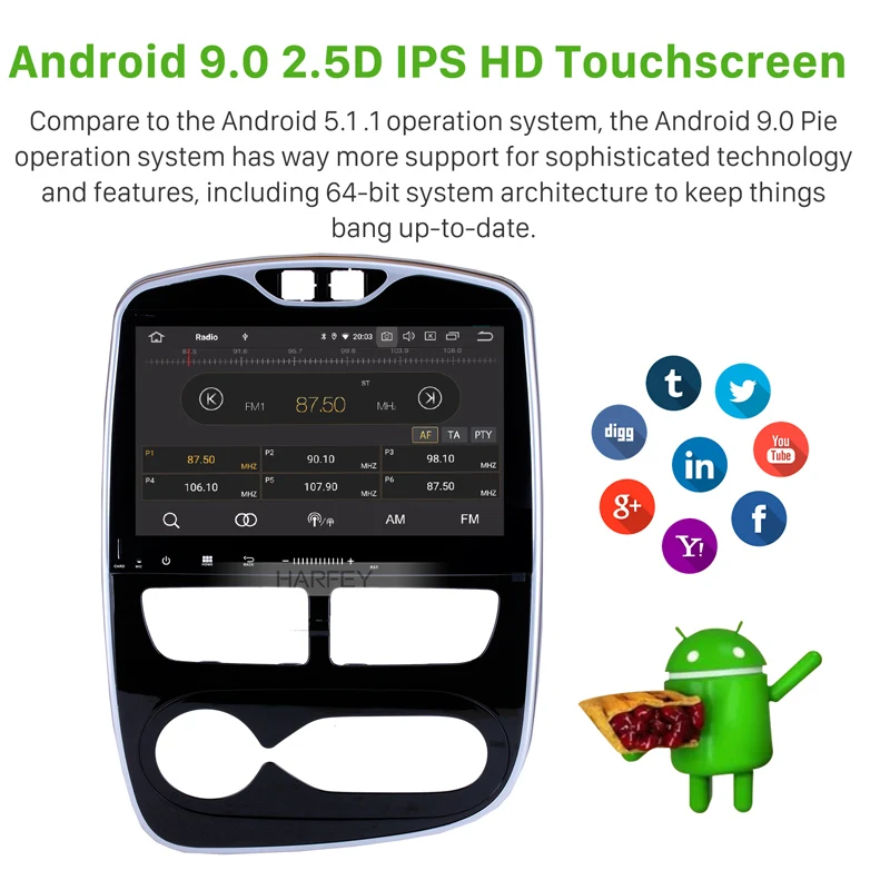 Excellent Harfey 10.1 Inch Android 9.0 GPS Navi HD Touchscreen Auto stereo Bluetooth for Renault Clio Digital/Analog (MT) 2012 2013-2016 2