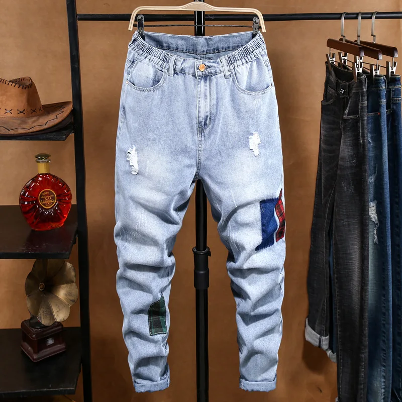 

Summer Jeans Men Patchwork Ripped Bleached Washed Vintage Sanding Light Color Elastic Mid Waist Stretch Ankle-Length Denim Pants