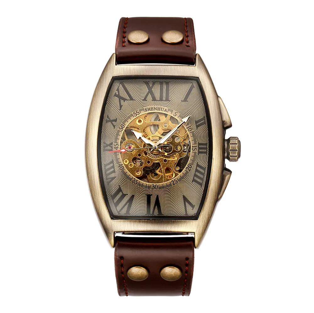 

SHENHUA Clock Men Retro Bronze Wristwatch Male Automatic Mechanical Skeleton Watch Vintage Tonneau Watches Relogio Masculino
