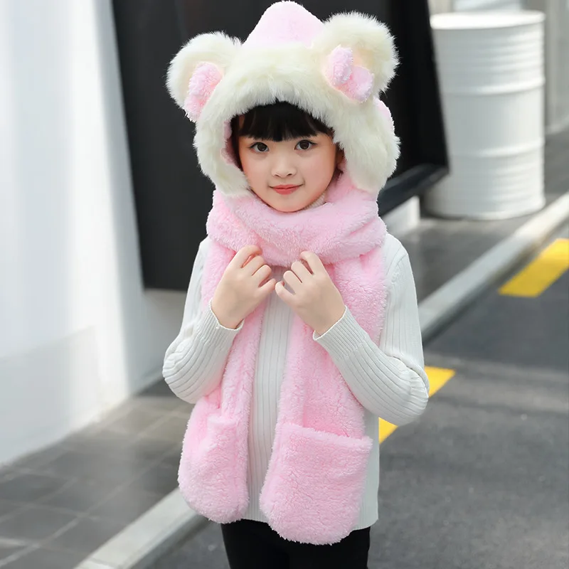 

Autumn Winter Cat ears Children Scarf Lovely Girl Boy Beanie Cap Warm Plush Hat Scarf Glove Set Thick Hat Hooded Soft Scarves