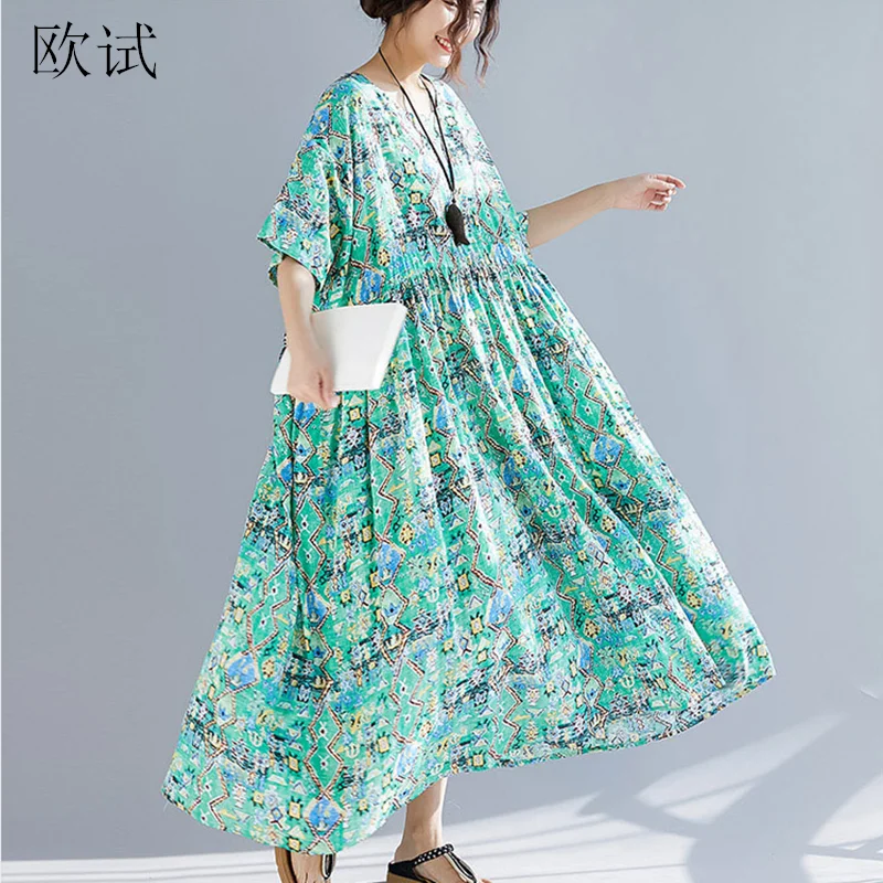 

Plus Size Casual Loose Cotton Linen Long Dress Elegant Dresses for Women 4xl 5xl 6xl Boho Summer Green Floral Beach Dress 2019