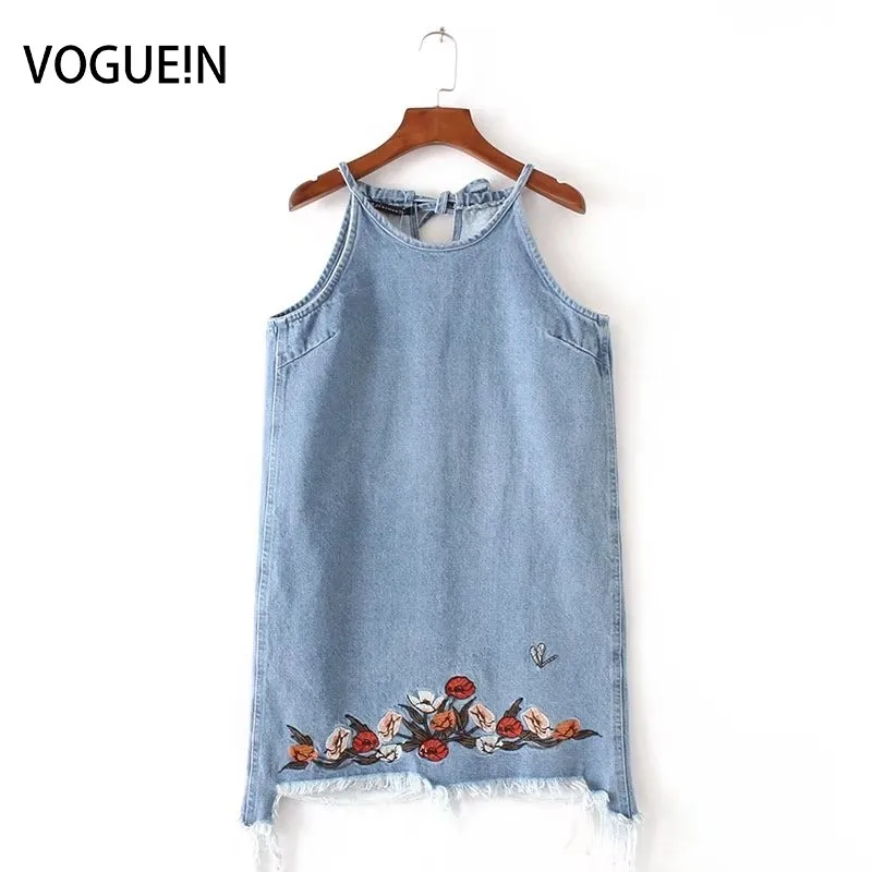

VOGUE!N New Womens Ladies Casual Round Neck Embroidery Floral Sleeveless Denim Mini Dress