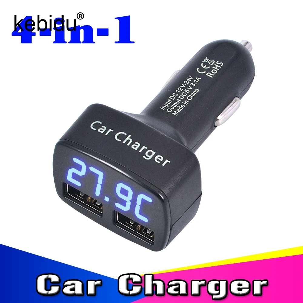 

Kebidu Digital Blue LED Display 4 in 1 Dual USB DC 5V 3.1A Car Charger Universal Adapter with Voltage/temperature/Current