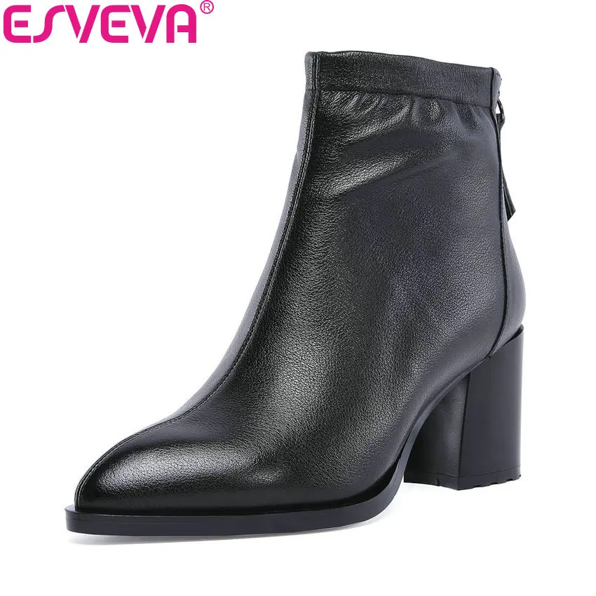 

ESVEVA 2019 Women Boots Zipper Ankle Boots Shoes Square High Heels Pointed Toe Soft Cow Leather PU Lady Chelsea Boots Size 34-42