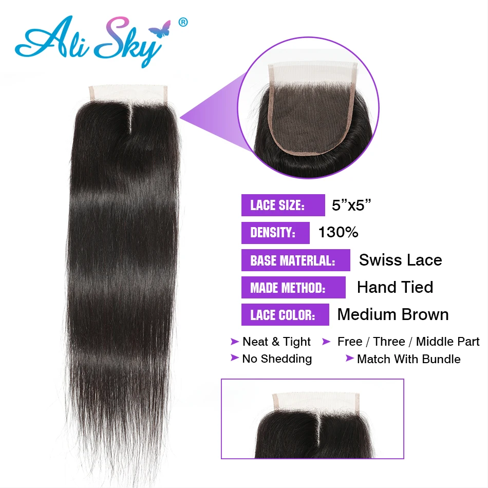 Ali Sky Hair Straight Human Hair 3 Bundles With 5x5 Closure