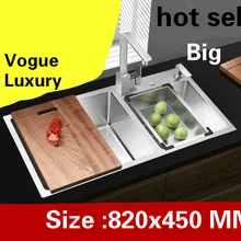 Квартира большая кухонная ручная раковина двойной паз vogue высокого качества 304 нержавеющая сталь Горячая 82x45 см
