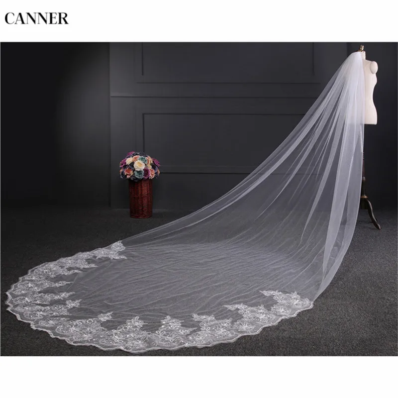 Canner Luxury 4 Meters Full Edge With Lace Bling Sequins Long Wedding Veil With Comb White Lvory Bridal Veils