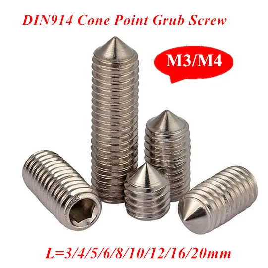 100pcs M3/M4*L DIN914 Hex Socket Cone Point Grub Screws, A2 Stainless