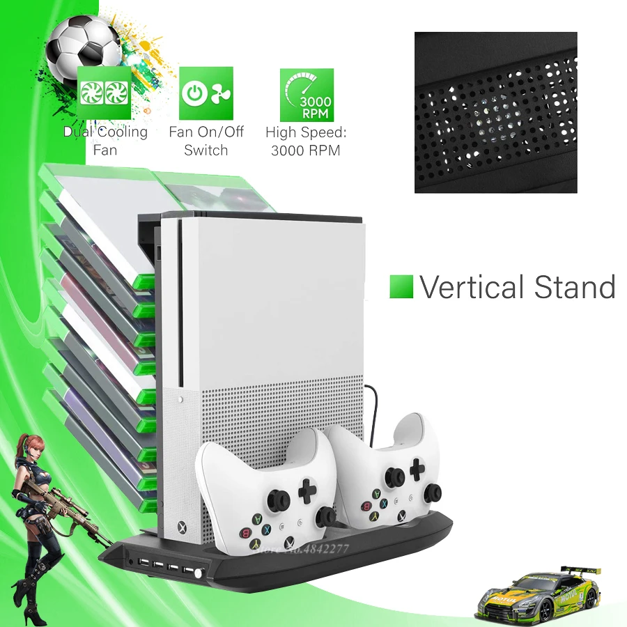 

4 in 1 Vertical Stand for Xbox one S 4 USB Ports Hub Cooler Cooling Fan Controller Charger Dock for Xbox one Slim Game Console