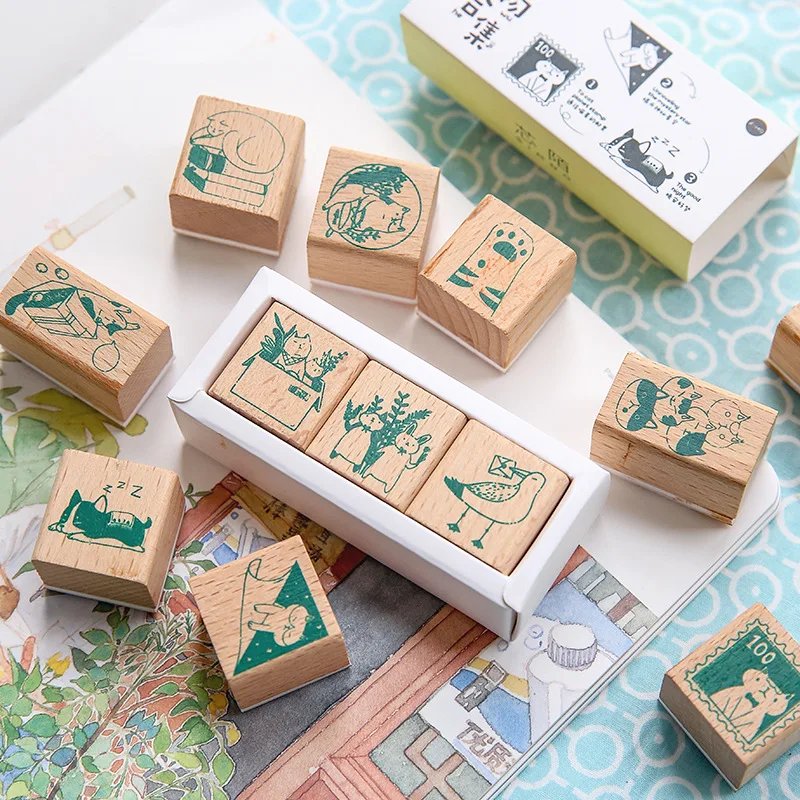 Vintage Cartoon cute cat DIY wooden rubber stamps set for scrapbooking stationery scrapbooking standard stamp