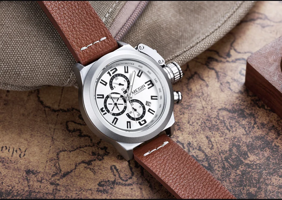 Megir Для мужчин хронограф аналоговые кварцевые часы с датой светящиеся стрелки Водонепроницаемый кожаный ремешок Wristswatch для человека часы