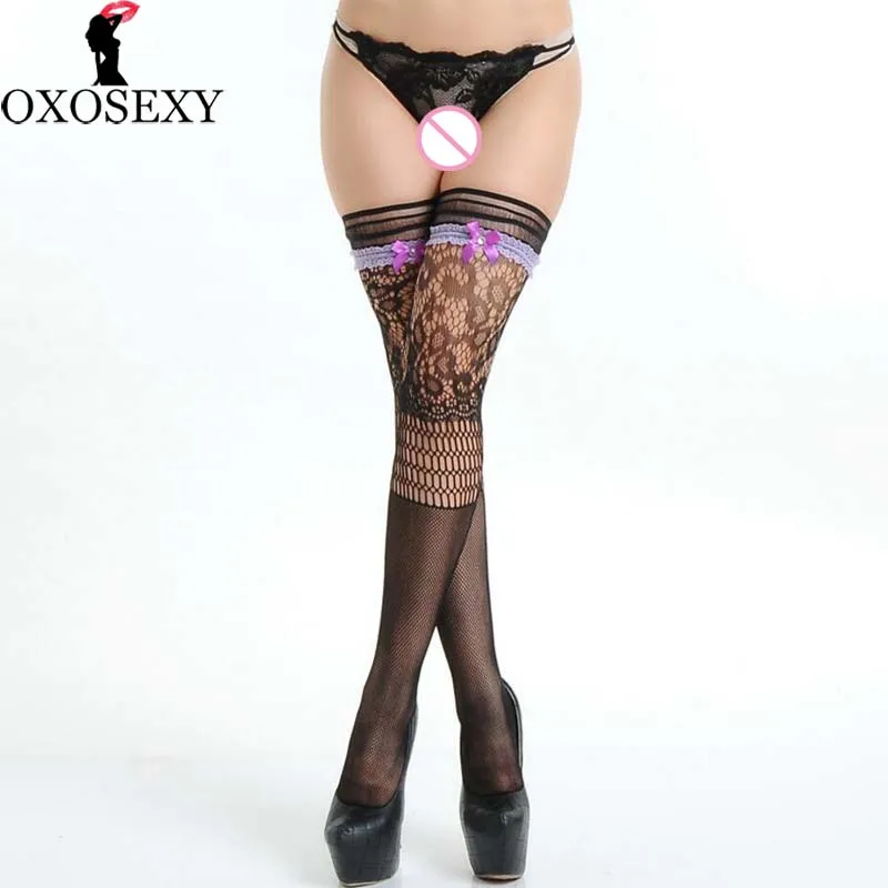 

lace stay up thin purple bow Women over knee Stockings fishnet Female Sexy Stockings Thigh Long Stockings sexy lingerie hot 383