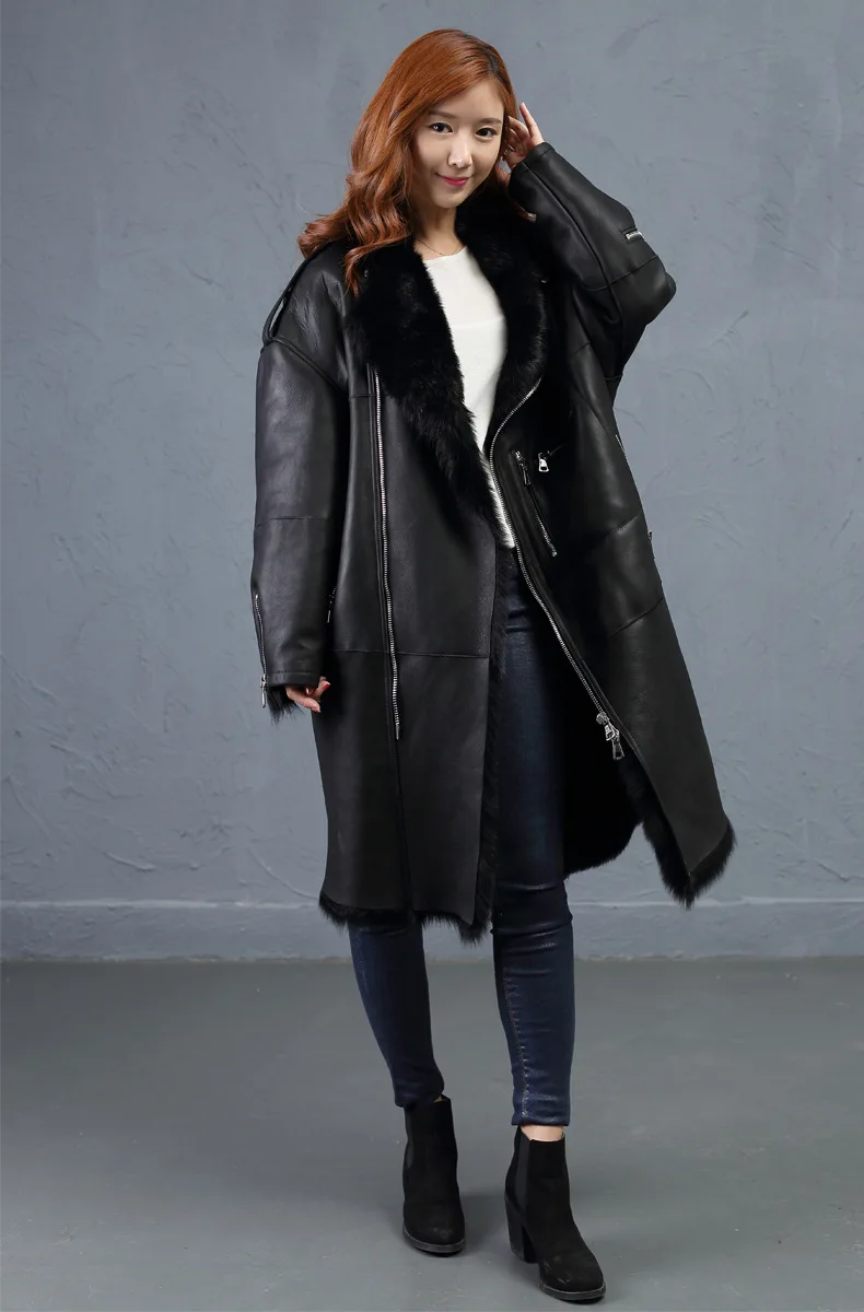 Популярные большие зимние женские куртки из овечьей шерсти Тоскана Черное Кожаное длинное двухстороннее пальто из овчины