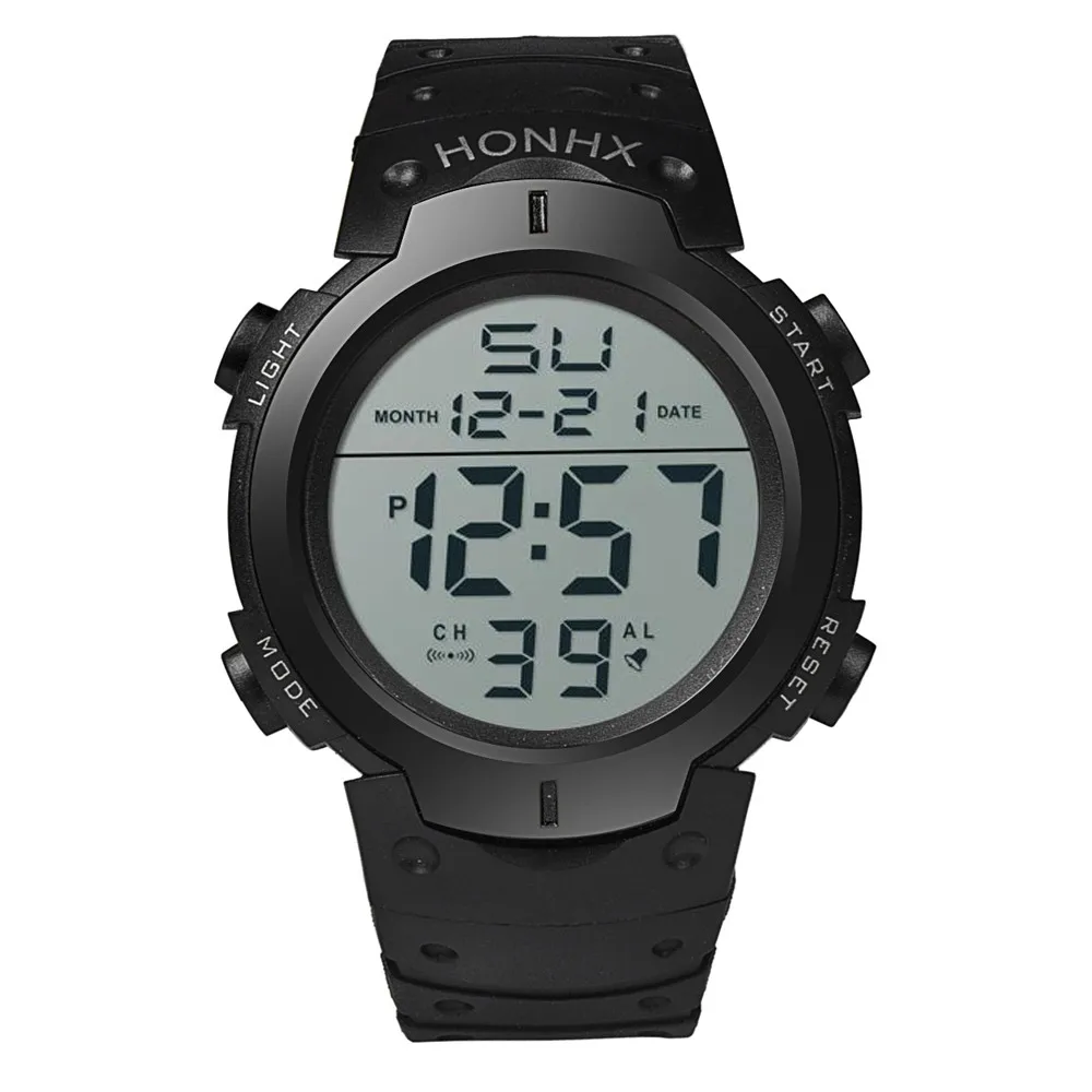 HONHX, водонепроницаемые мужские часы для мальчиков, светодиодный цифровой секундомер, дата, резиновые спортивные наручные часы, многофункциональные мужские часы - Цвет: Черный