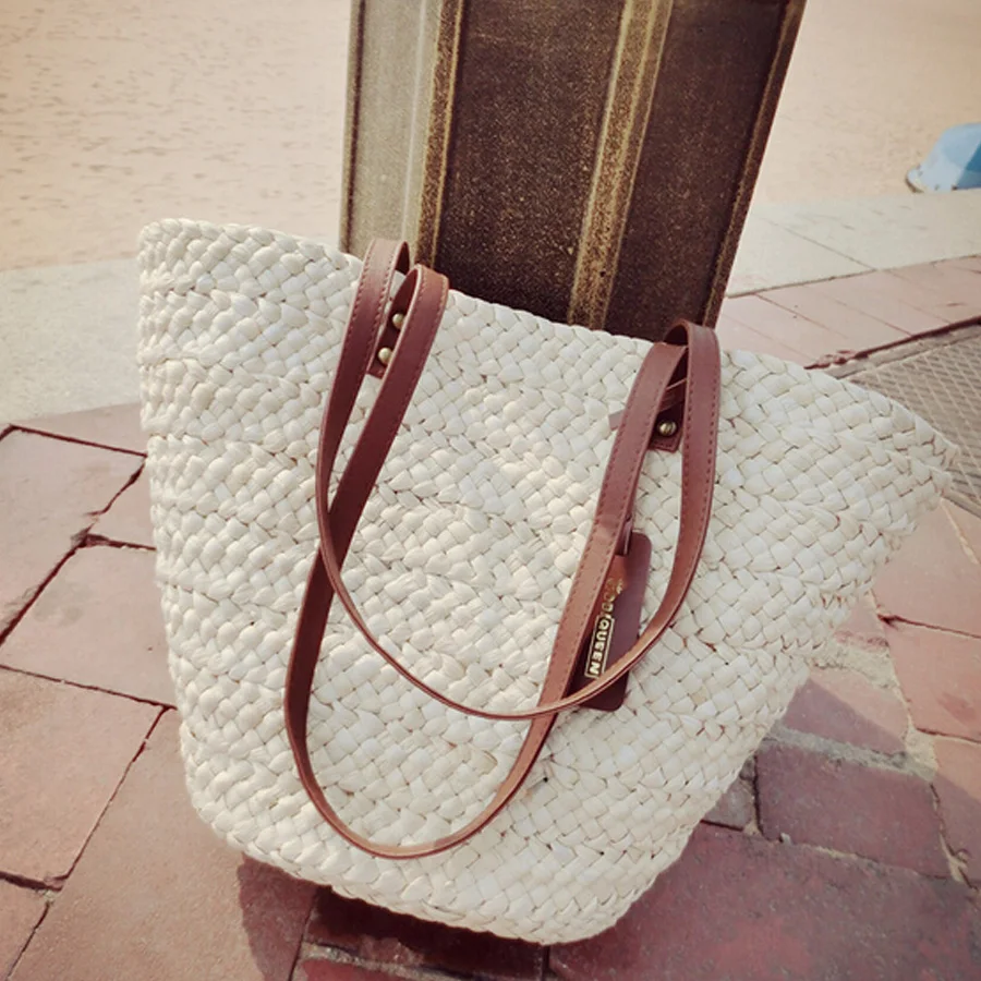 women bag 2017 luxury New Fashion High Street Handbags Womens Casual Beach bag Wear White Contrast Handle Straw Large Tote Bag