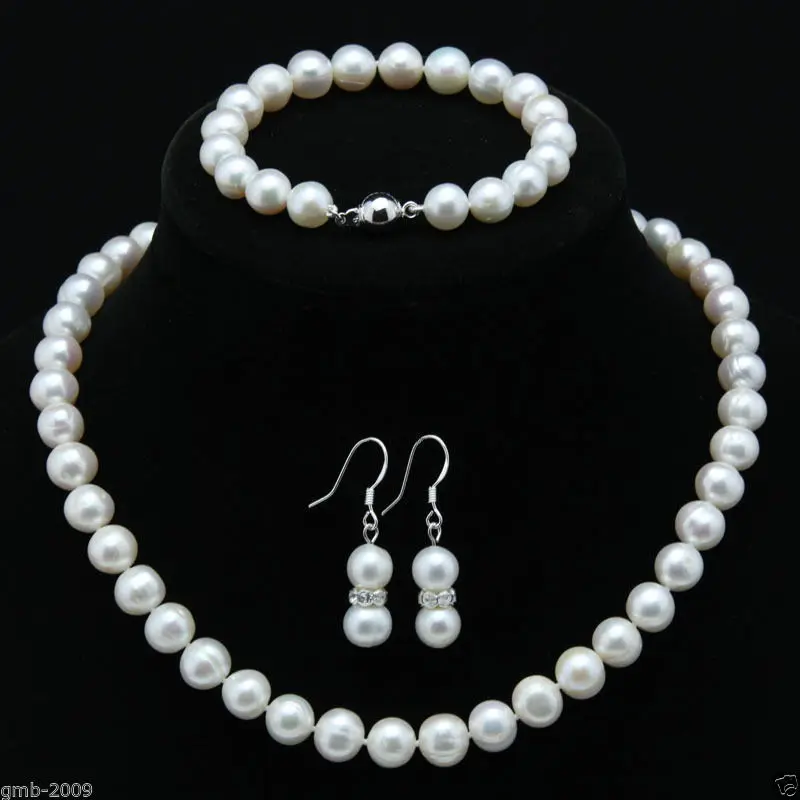 

Hot sale new Style >>>>-10mm Genuine Natural White Freshwater Pearl Necklace Bracelet Earrings Set AAA