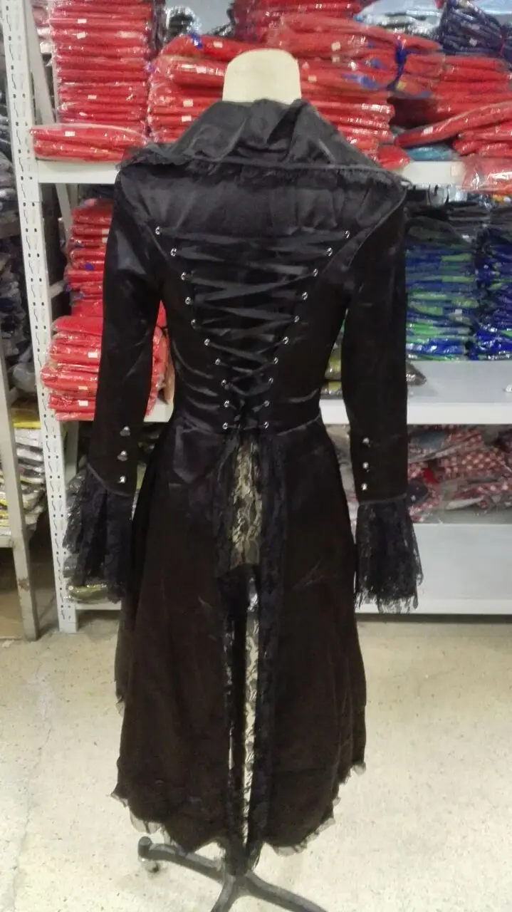Women Lace Trim Lace-up High Low Coat Black Steampunk Victorian Style Gothic Jacket Medieval Noble Court Dress S-3XL