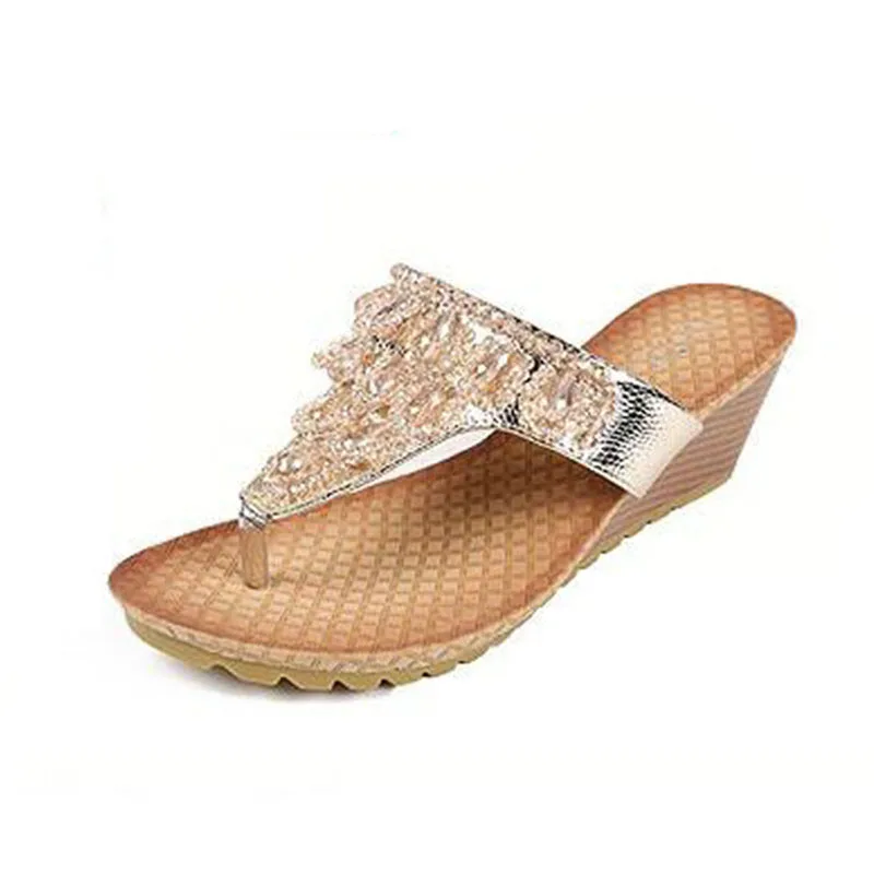2017 summer beaded rhinestone flip flop sandals wedges fashion flip
