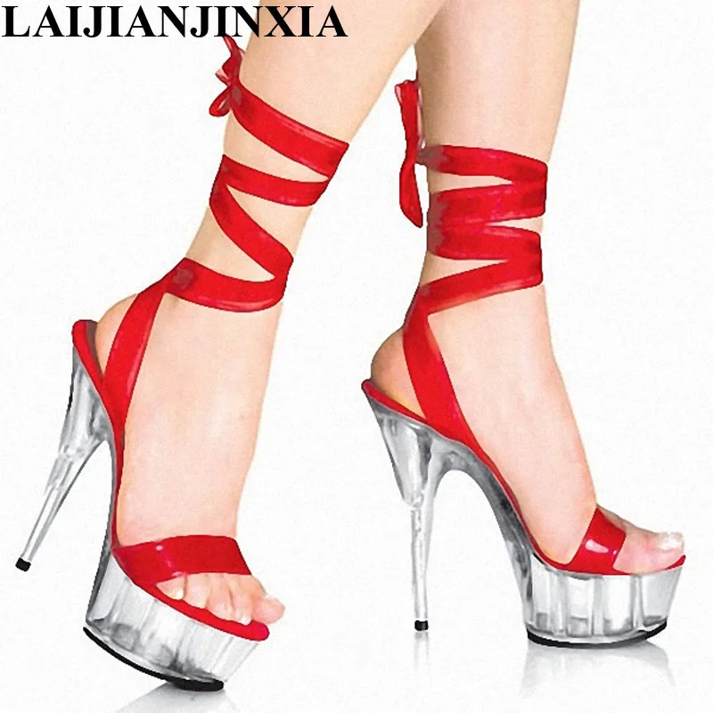 LAIJIANJINXIA New 15cm high-heeled shoes platform crystal sandals low price dance shoes 5 inch high heels sexy stripper shoes
