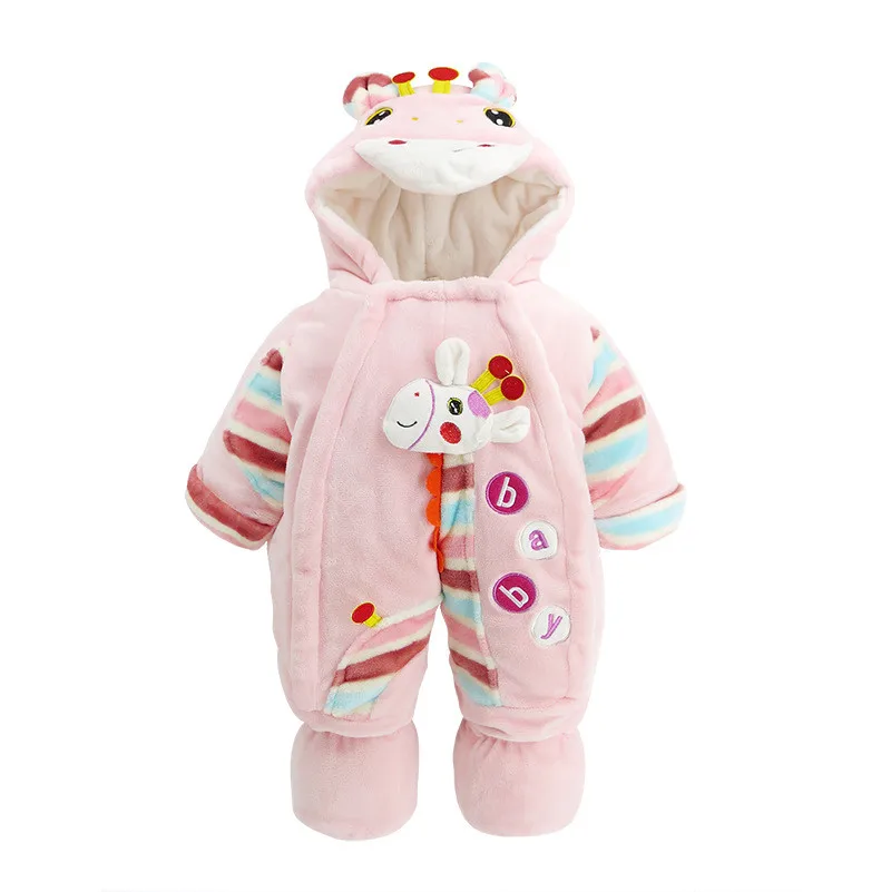 2017 Winter Christmas Baby Clothes Cartoon Giraffe Pink Cute Baby Girls Rompers Newborn Hooped Thick Outwear Wholesale China01