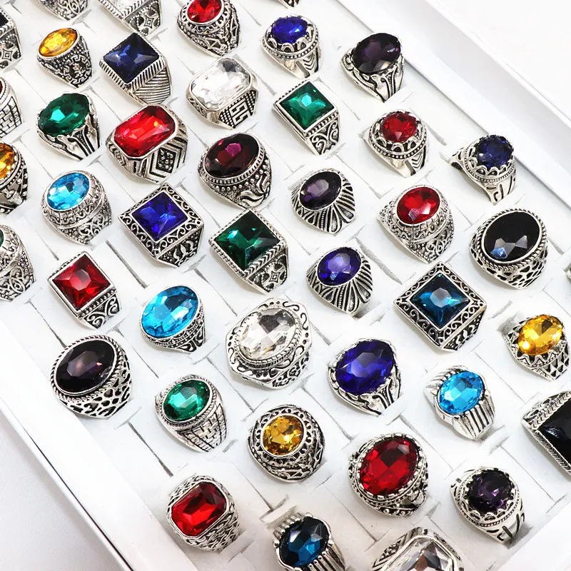 

Wholesale 20pcs/Lots Vintage Glass Carved flowers Rings Mix Style Antique Silver Jewelry Rings For Men Women Wedding Gifts Rings