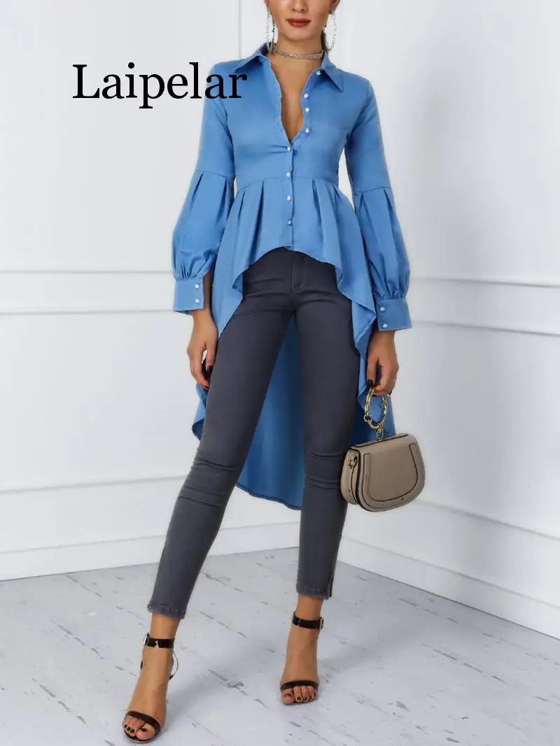 Laipelar 2019 Vrouwen Mode Kantoor Elegante Werkkleding Casual Shirt Dames Top Lantaarn Mouw Knop Ontwerp Dip Zoom Blouse