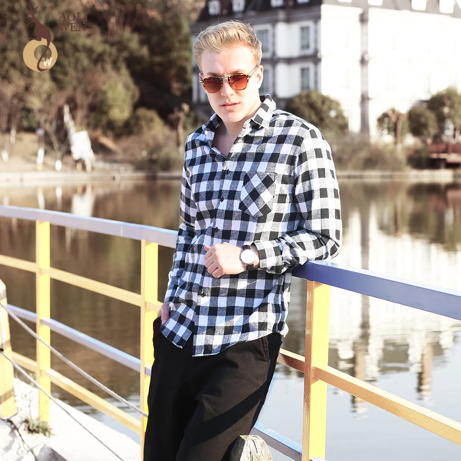 Aoliwen Brand 2018 Best-Selling Business Casual Men's Long-Sleeved Shirt Four Color Plaid Slim Fashion Men's Shirt Size M-5Xl