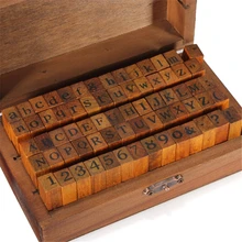 70 unids/set Vintage DIY Multi propósito guión regular número alfabeto en minúsculas carta decoración madera juego de sellos de goma caja de madera