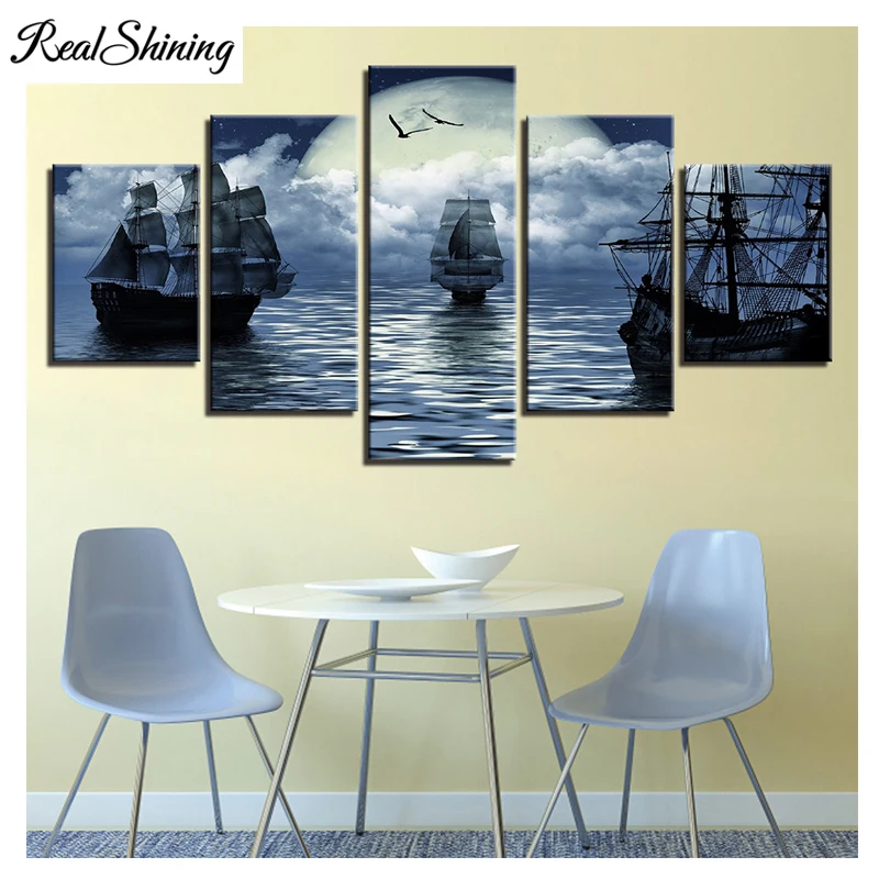 

5D DIY Diamond Painting 5 piece Cross Stitch Full Square/Round 5d Diamond Embroidery Moon Night Sailboat Landscape Art FS3848