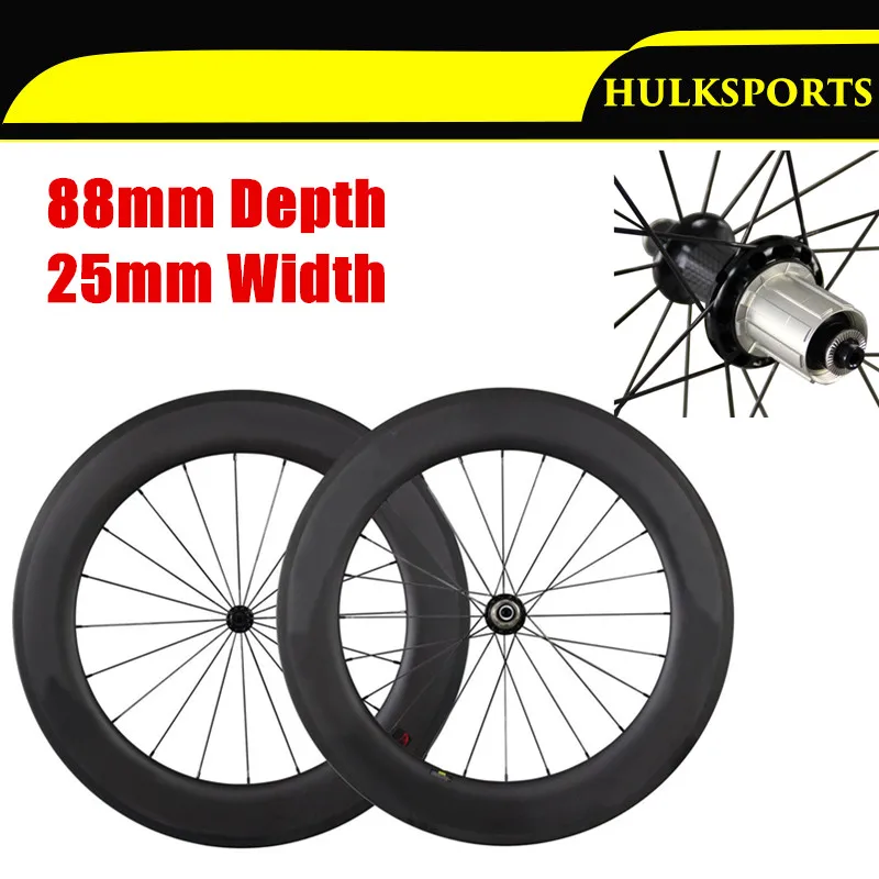 Hot Wheels 25mm Width 88mm Clincher Road Bike Carbon wheelset 700C Powerway R36 Hubs with Pillar Spokes Rodas de Carbono