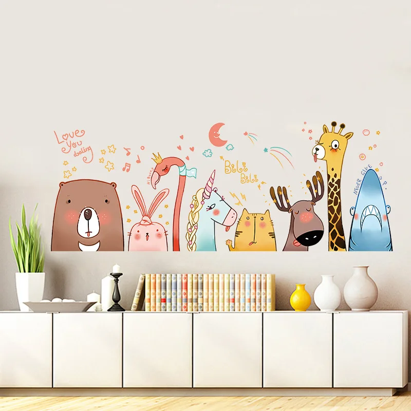 Cartoon animals nursery wall stickers for kids rooms adhesive colorful